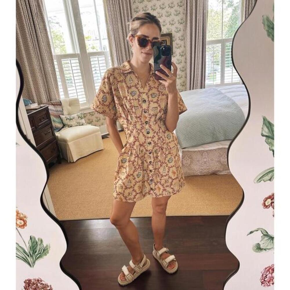 Saloni Beige Coral Shell Print Vacation Dress with Pockets, US 2 Small